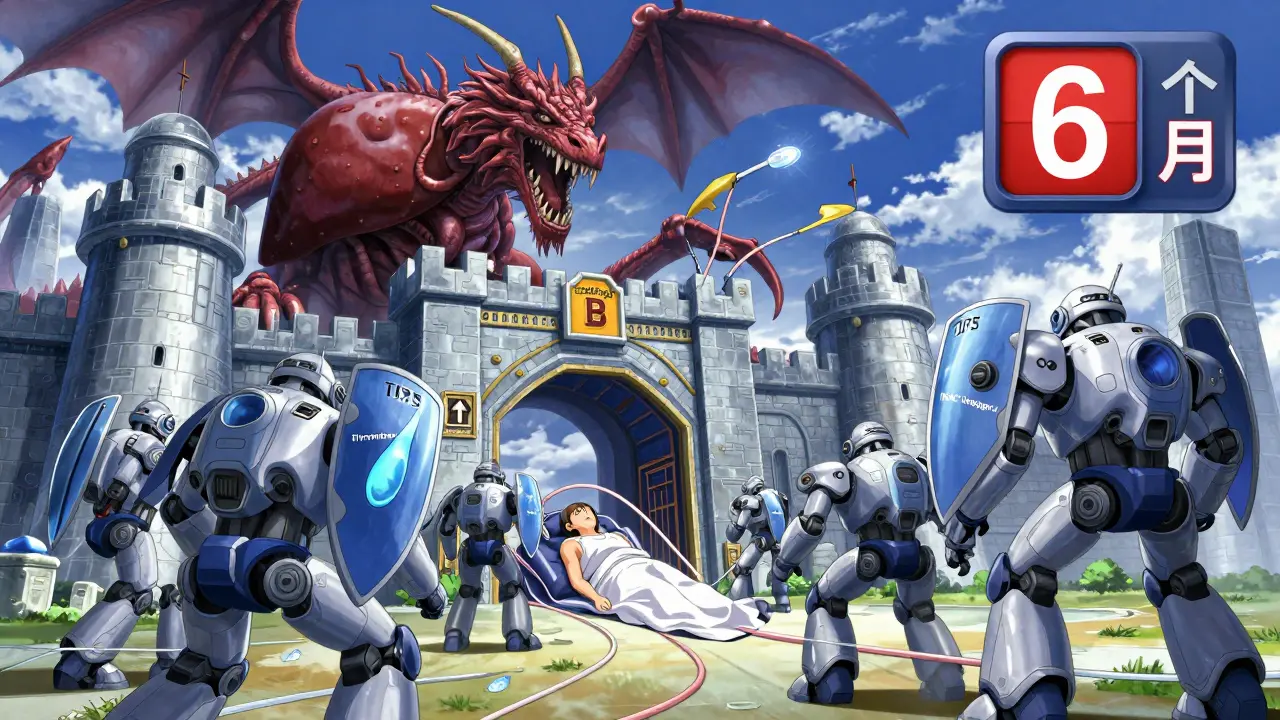 Medical mechs battle a thrombosis dragon to save a liver fortress, with a 6-month countdown in the sky.
