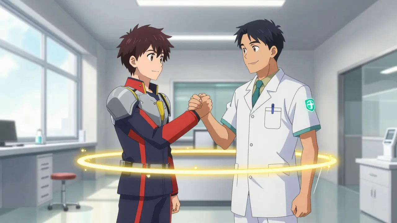 Patient and pharmacist shaking hands with safety energy aura.