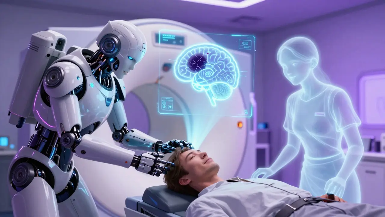 Robotic medics scan a patient's brain with an MRI, revealing a darkened area of damage in glowing 3D projection.