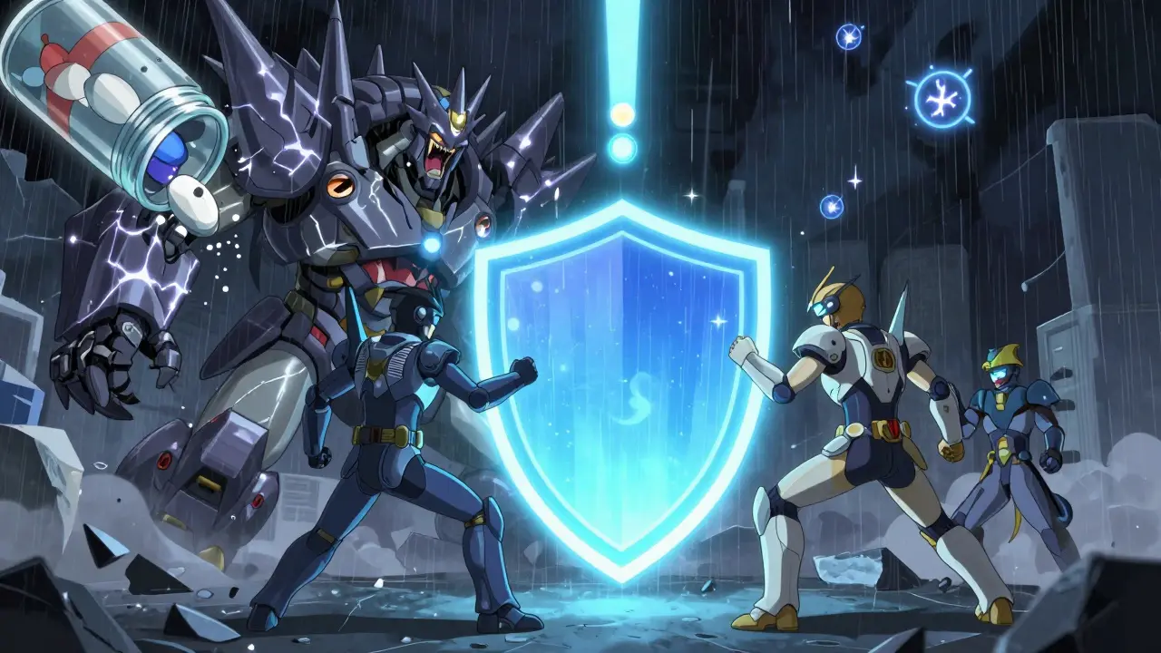 Three SNRI heroes fight a withdrawal beast with a calming energy shield while a tapering timer glows above.