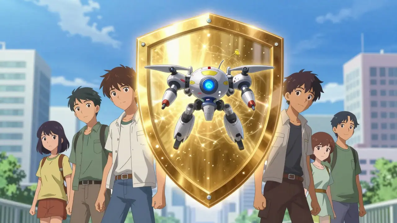 A futuristic robot drone creating a golden protective shield around young people.