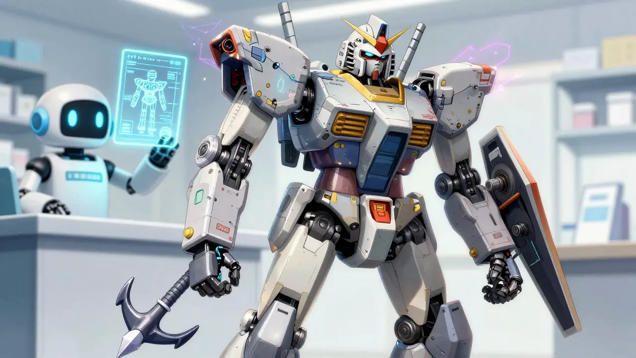 A glitchy hybrid robot illustrating the conflicting effects of multi-symptom allergy medications.