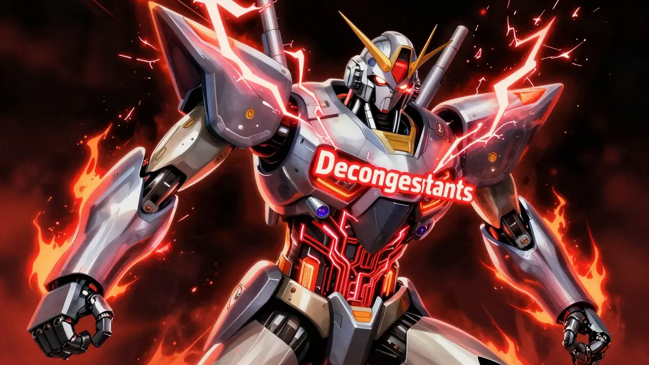 A high-energy robot with red glowing circuits representing the cardiovascular risks of decongestants.