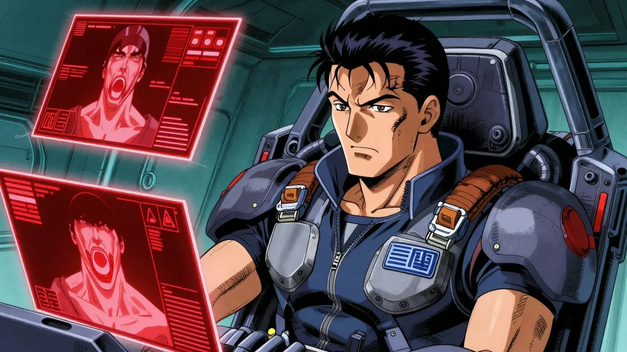 A mecha pilot in a cockpit with holographic medical scans of a throat.