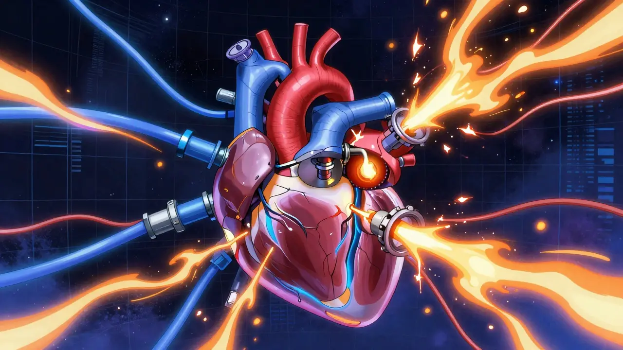 A mechanical heart with sparking wires and energy bursts symbolizing medication rebound