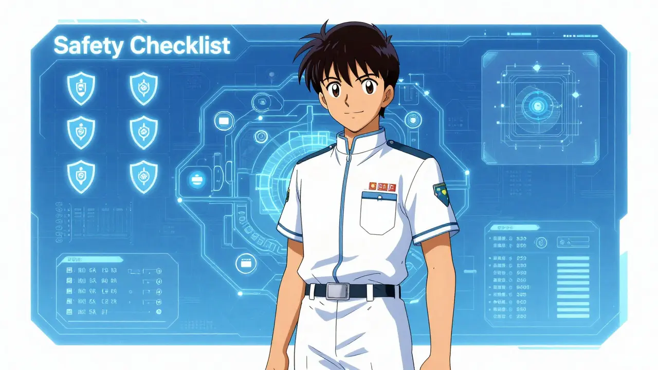 An anime medical officer analyzing a holographic health safety strategy map