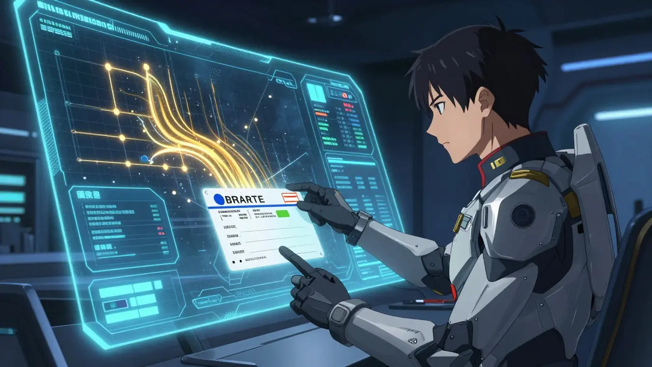 Anime pilot using holographic medical data screens in a high-tech command center.