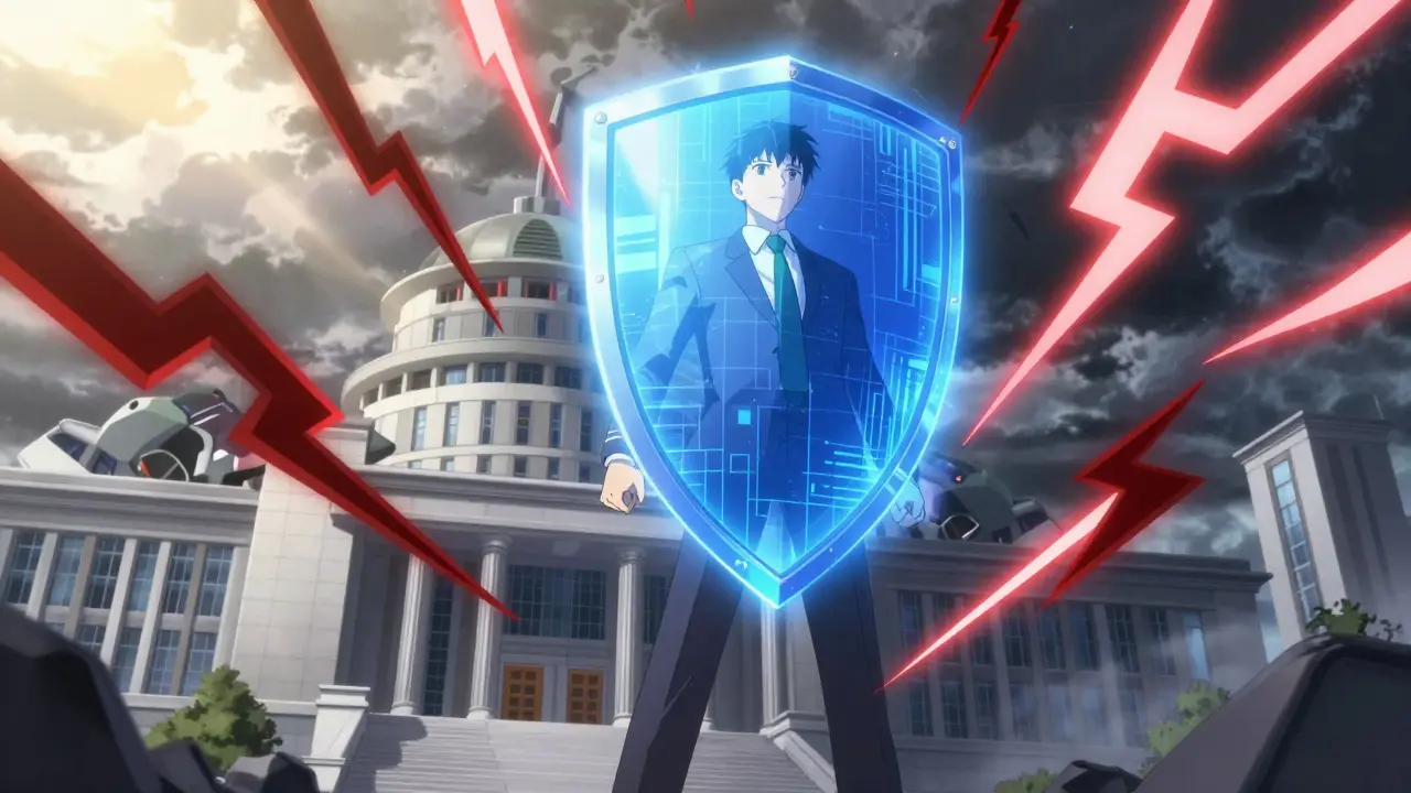 Anime worker protected by a giant blue energy shield against red lightning bolts.