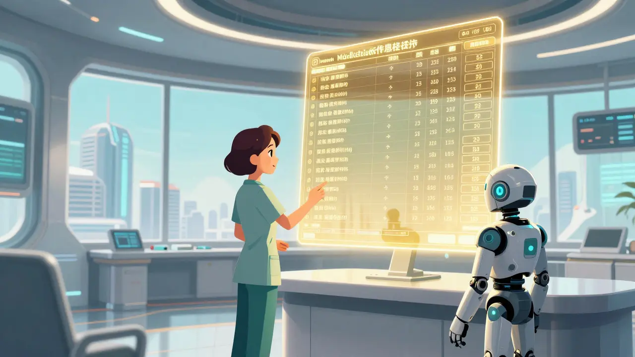 Caregiver and small robot reviewing a golden holographic medication list