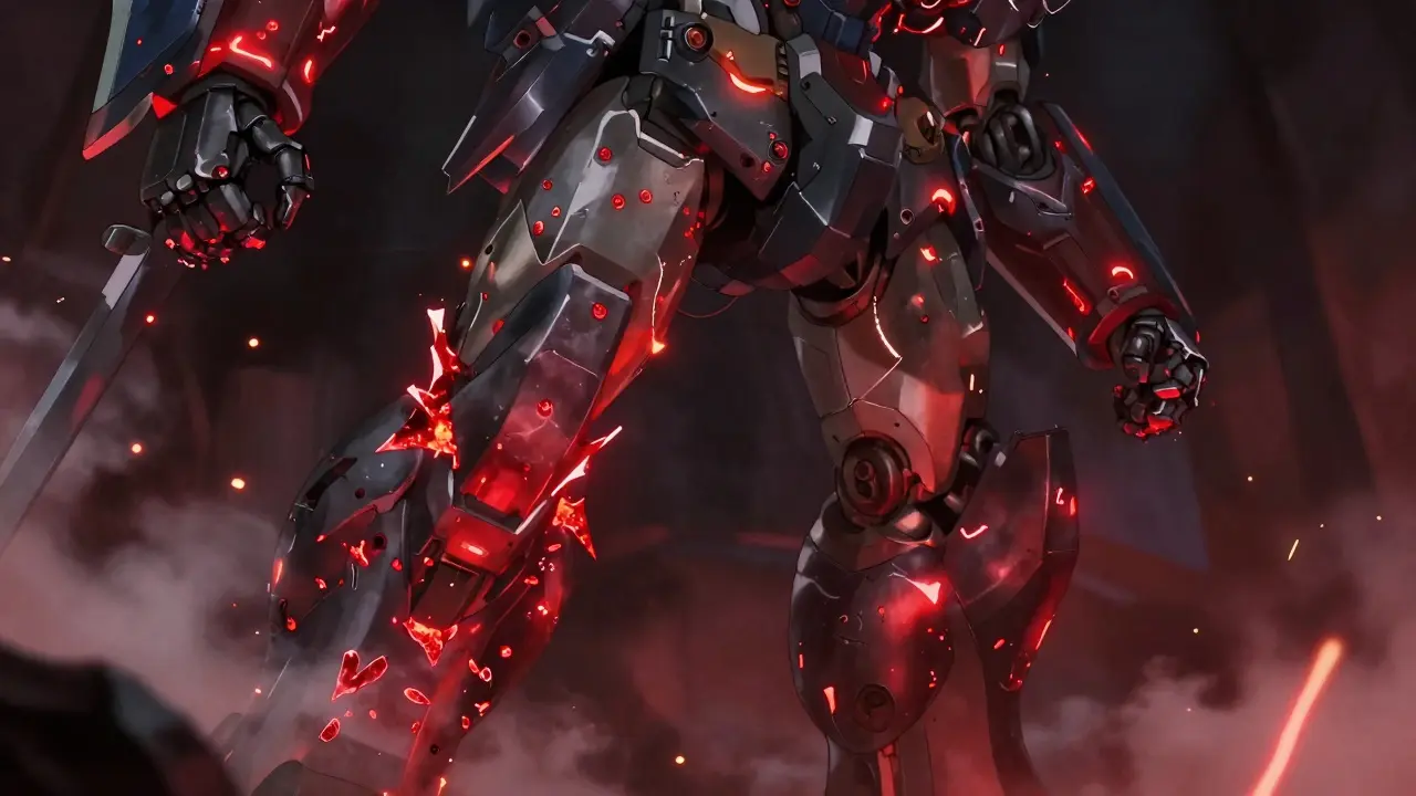 Close-up of a mecha leg with spreading red energy symbolizing a deep skin infection