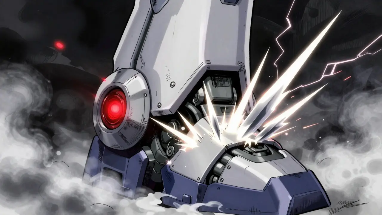 Close-up of a robotic foot with sharp white crystals erupting from the toe joint in anime style.