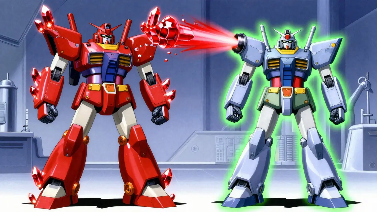 Comparison of a malfunctioning robot and an upgraded, efficient robot in super robot style.