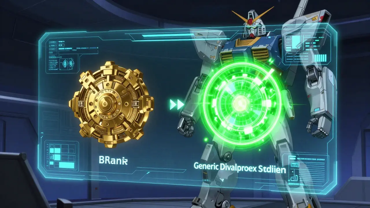 Futuristic anime command center comparing an expensive gold core to an efficient green generic core.