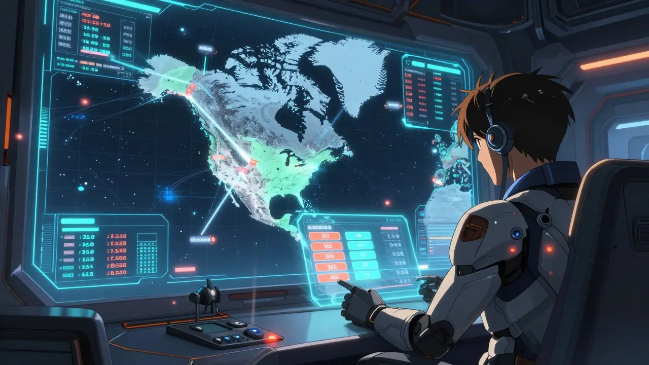 Mecha pilot analyzing pharmacy price data on holographic screens