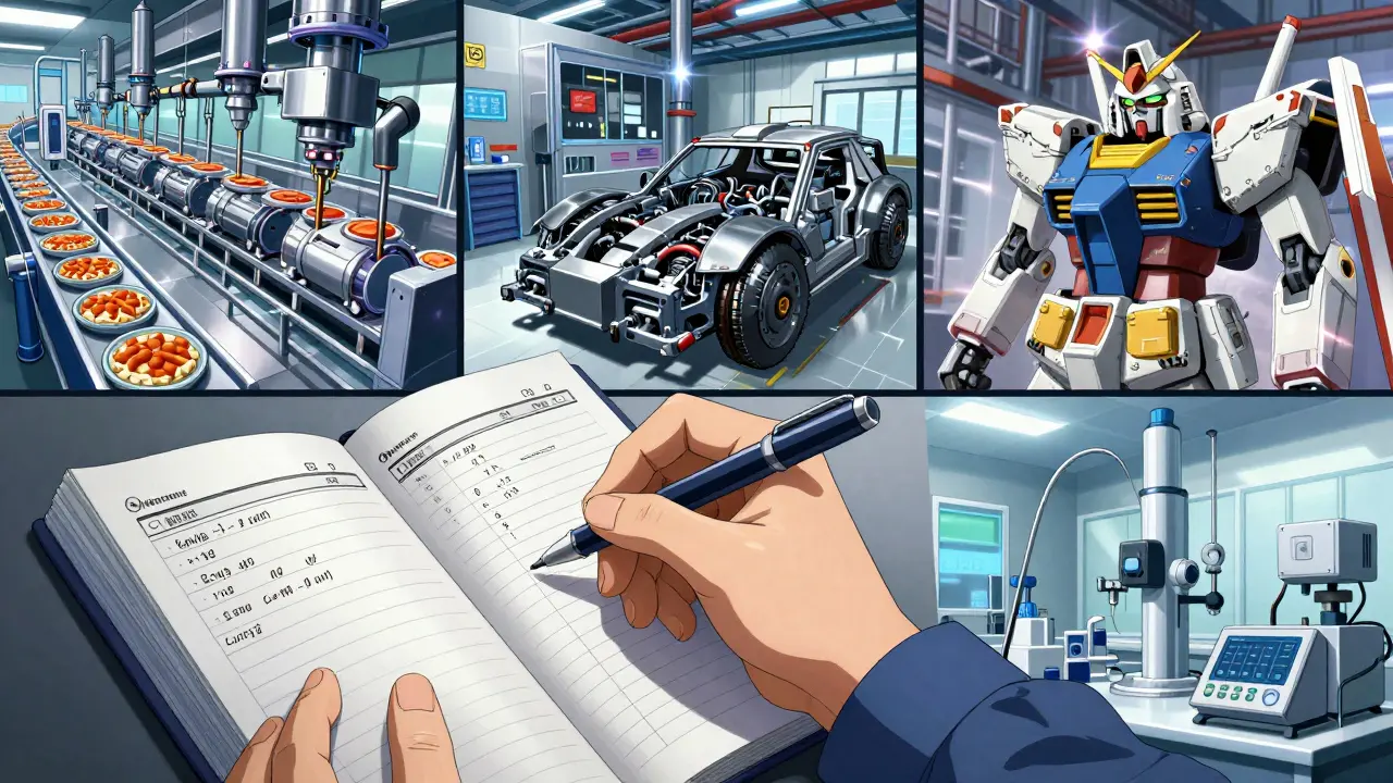 Mecha style depiction of a worker documenting quality failures across various industries.