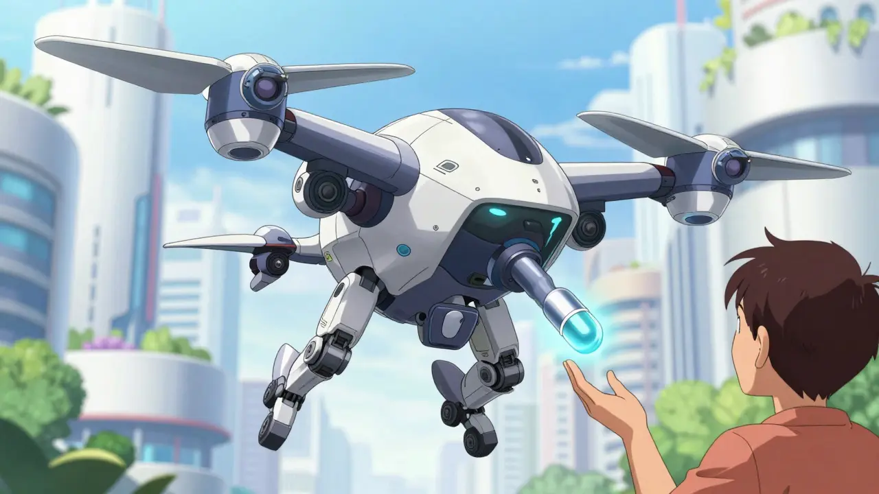 Medical mecha drone delivering a pill in a futuristic city