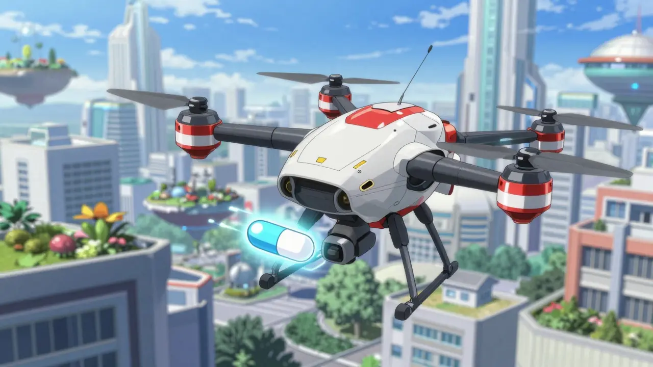Miniature super robot drone delivering medication to a futuristic city.