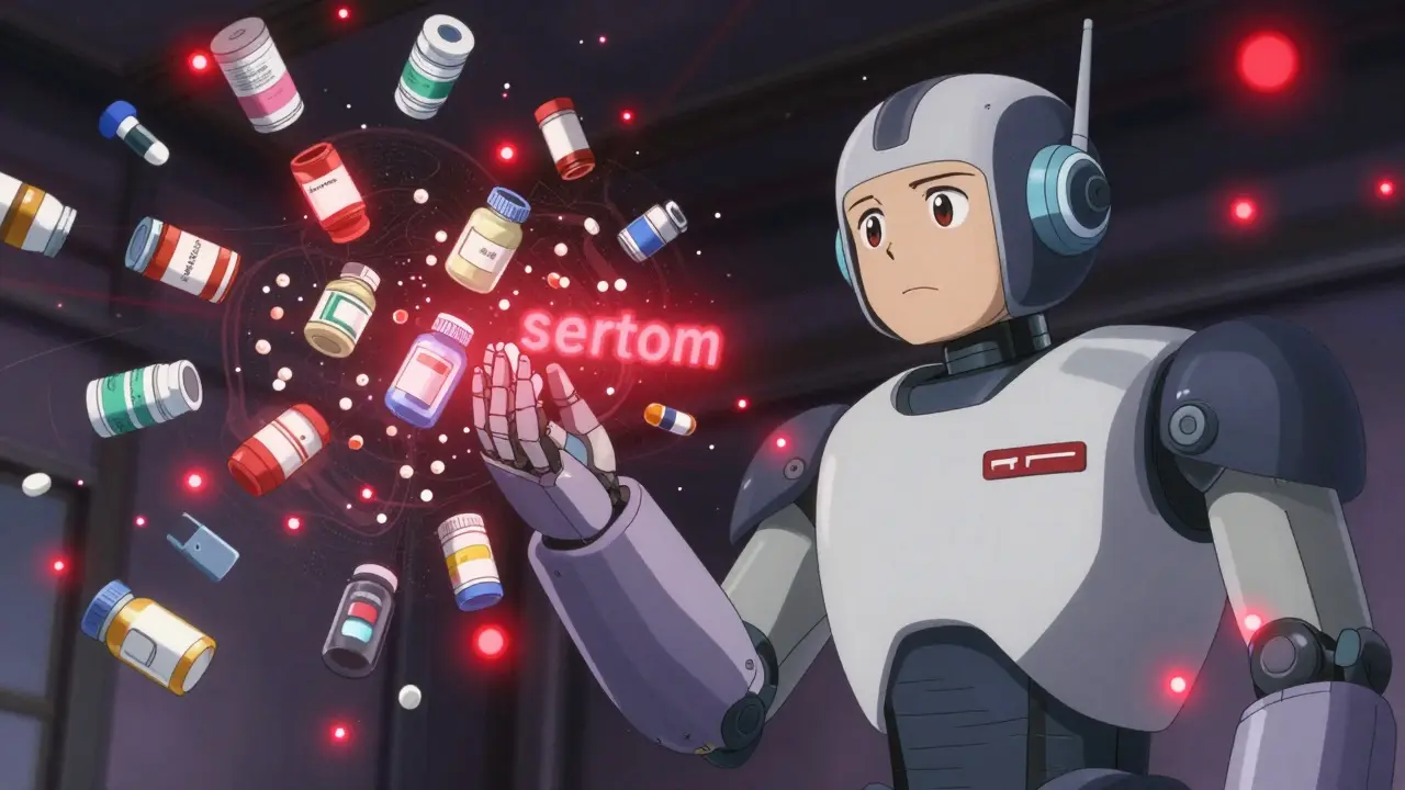 Robot caregiver analyzing a vortex of medicine bottles with red warning lights