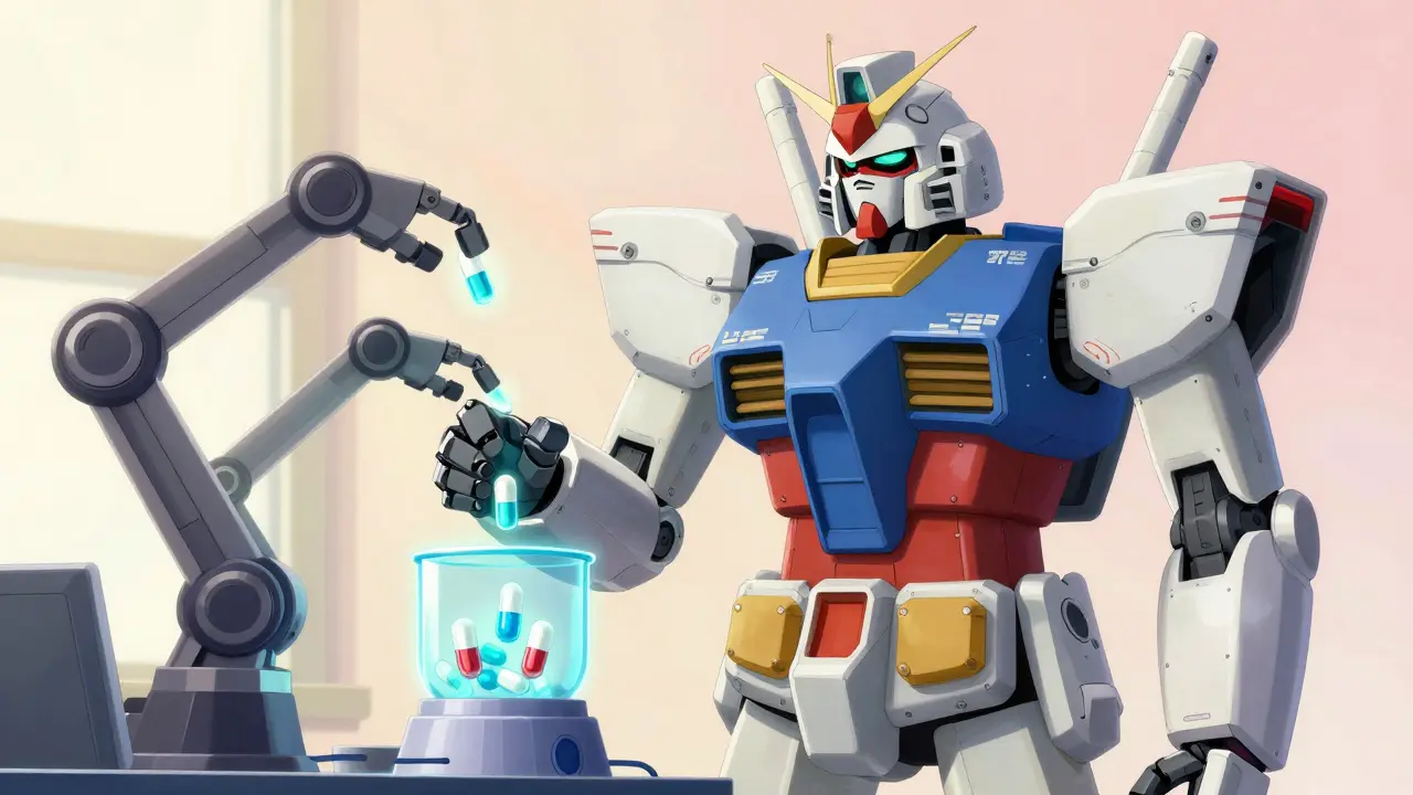 Super robot being maintained with glowing energy capsules in a serene anime setting.