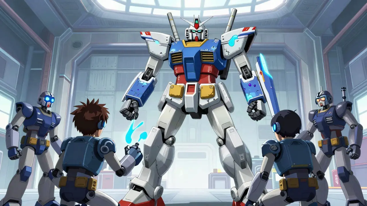 Support robots repairing a giant mecha with glowing blue energy to neutralize bacteria