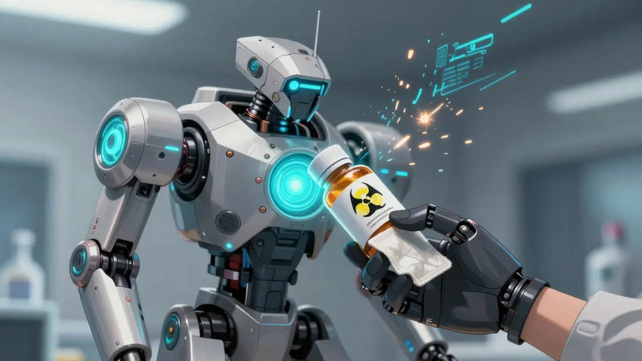 A futuristic robot precisely handles medication patches for safe disposal.