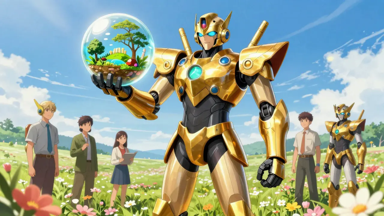 A golden guardian robot symbolizing normalized mental health treatment and recovery in anime style.