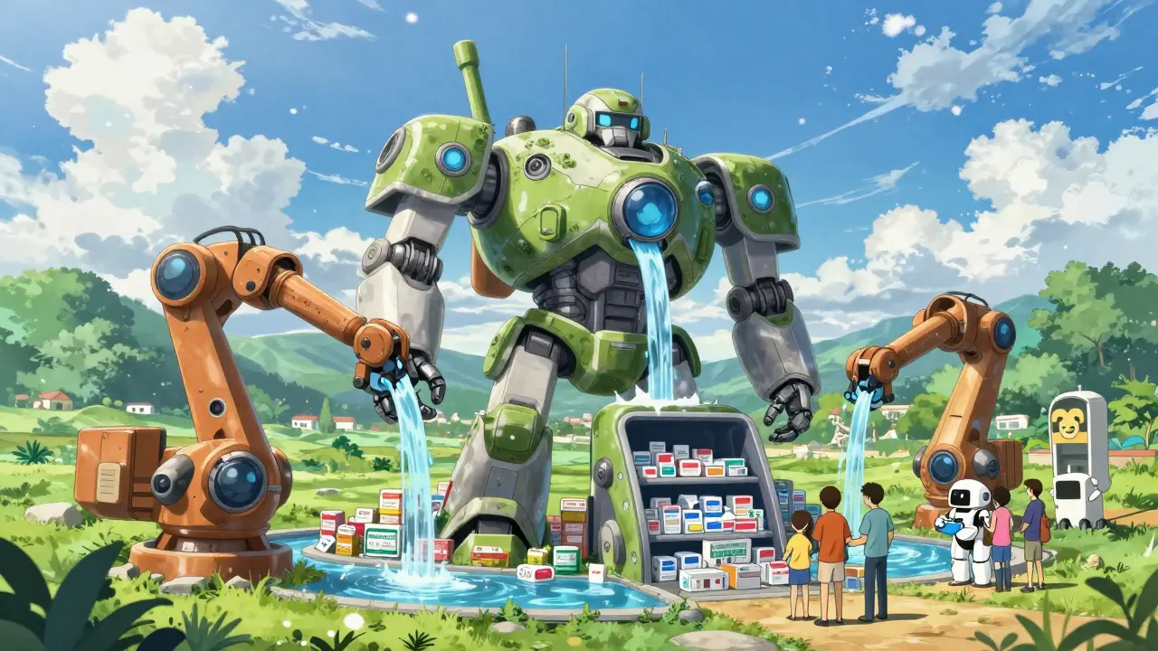 A large recycling robot sorts medicines in a clean, green environment.