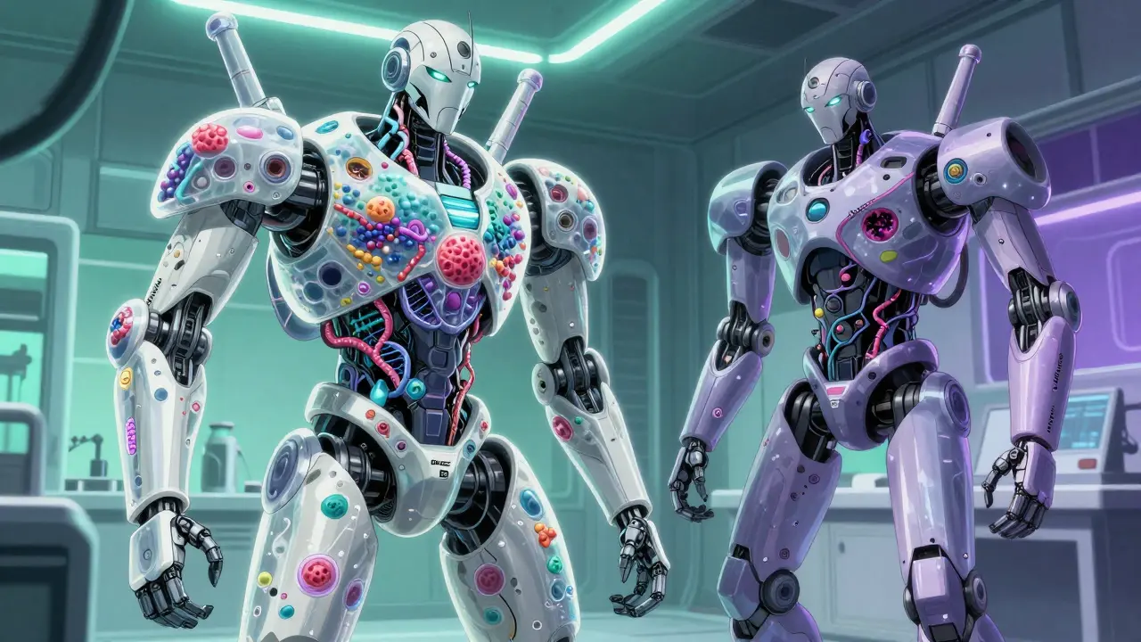 Complex bio-mecha assembly showing difficulty of replicating biologics