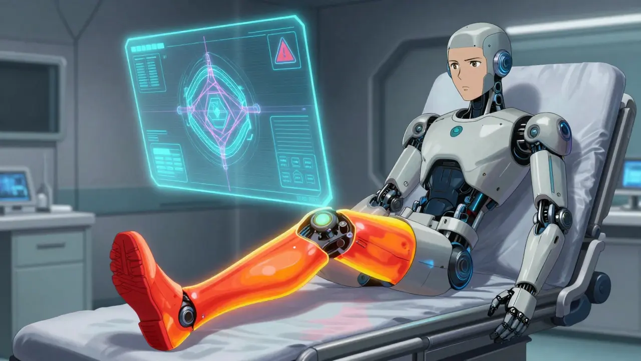 Cyborg leg with glowing red heat map indicating blood clot symptoms