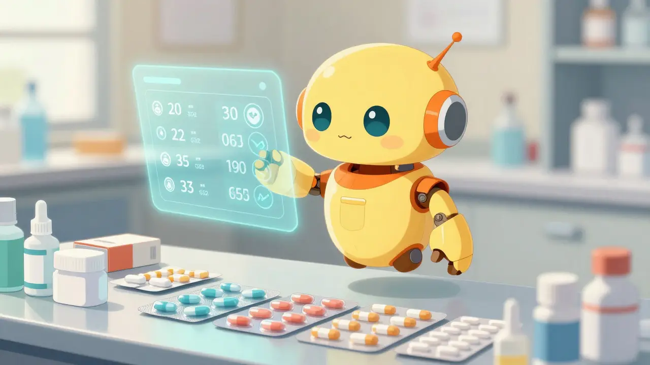Friendly assistant robot checking medication prices safely