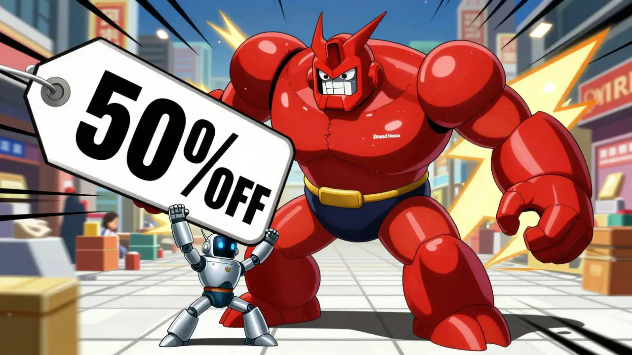 Generic robot defeating a brand-name price monster