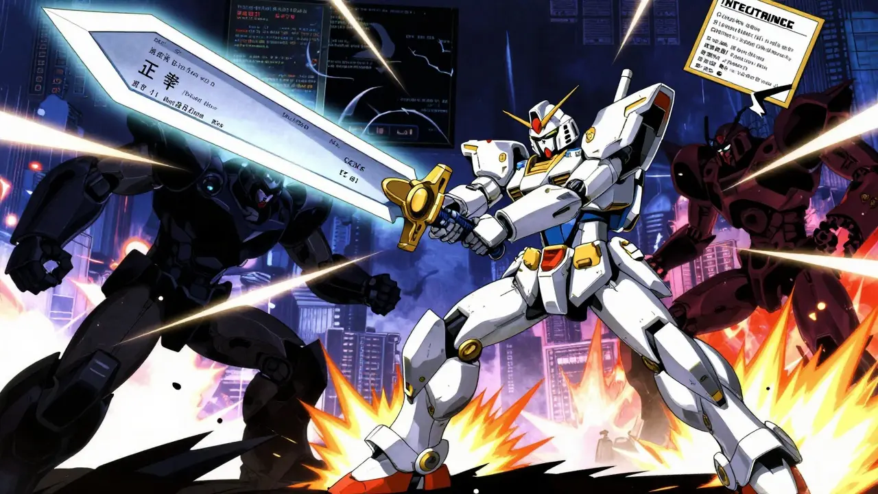 Heroic mech fighting rogue robots representing fake drugs