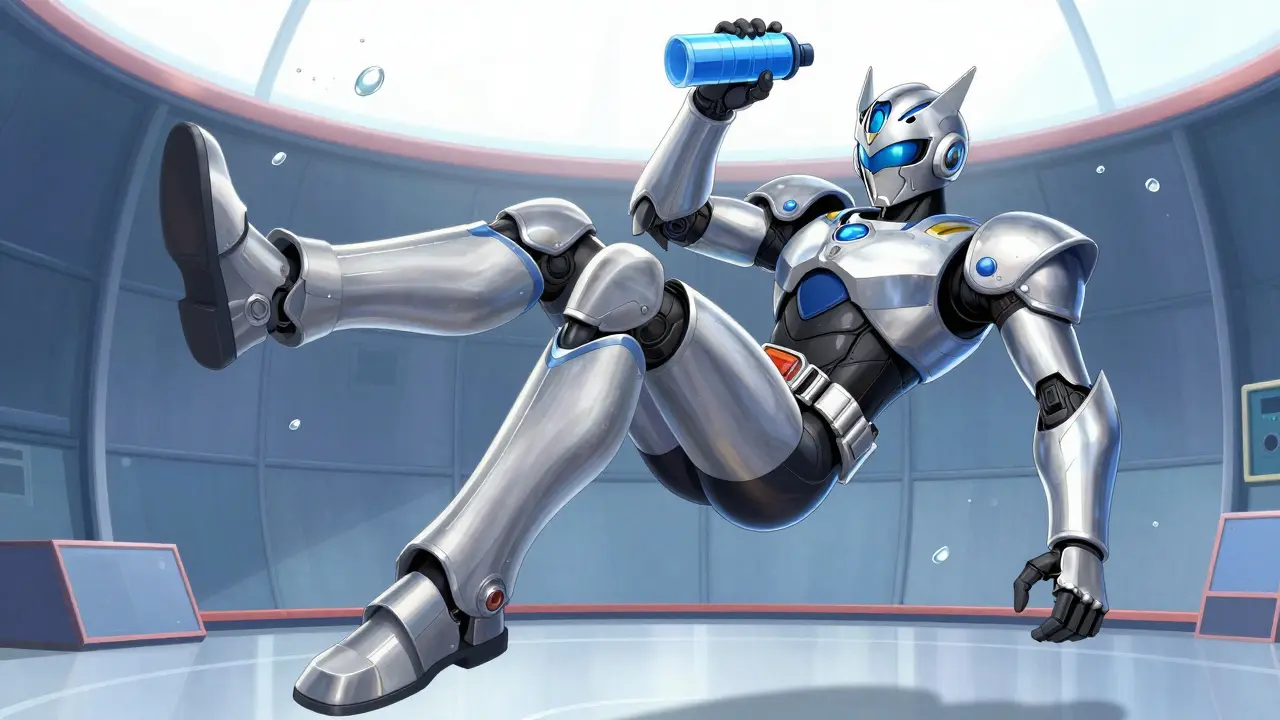 Heroic robot mech exercising legs to prevent blood clots