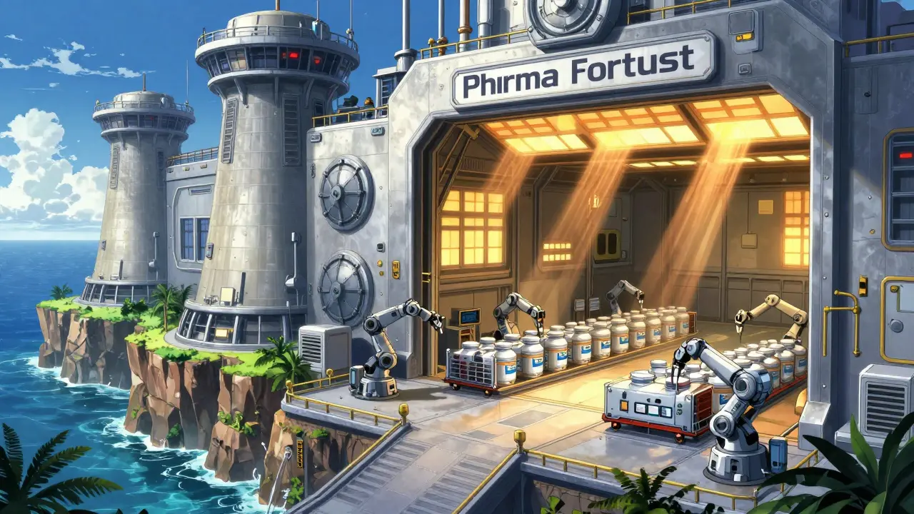High-tech pharmaceutical storage fortress in tropics