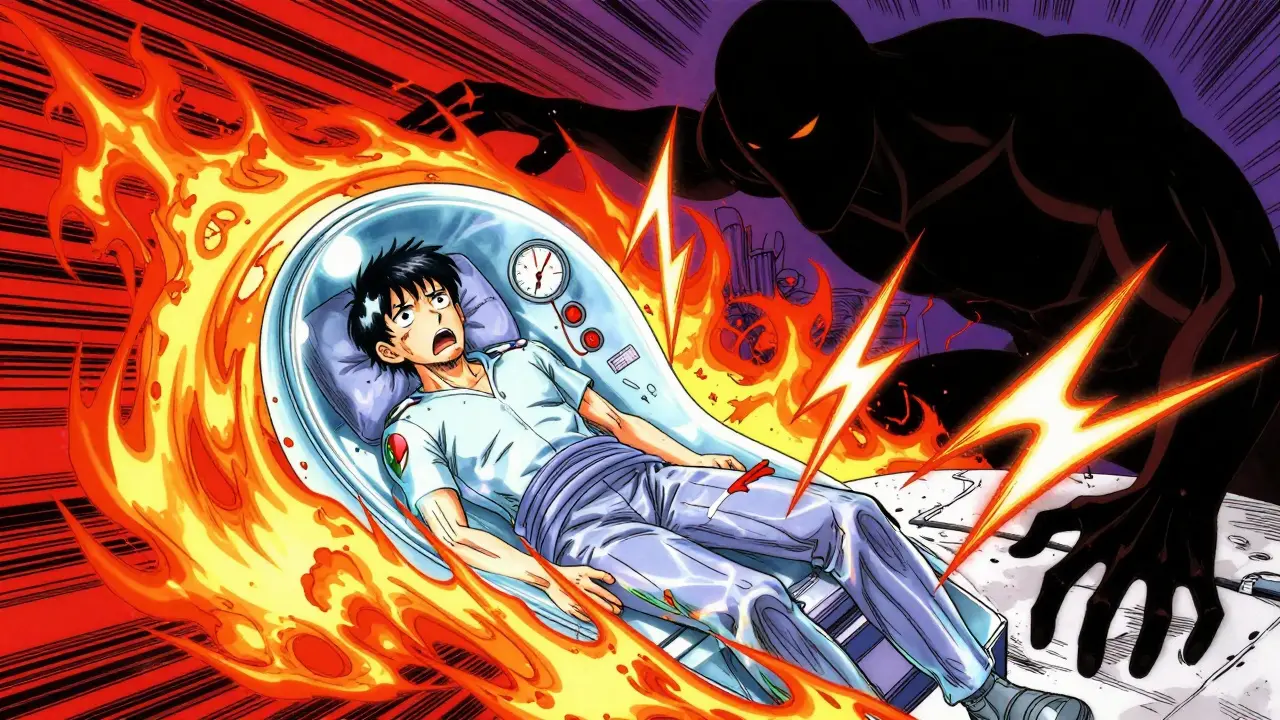 Manga style illustration of a body in distress with spiking vital signs.