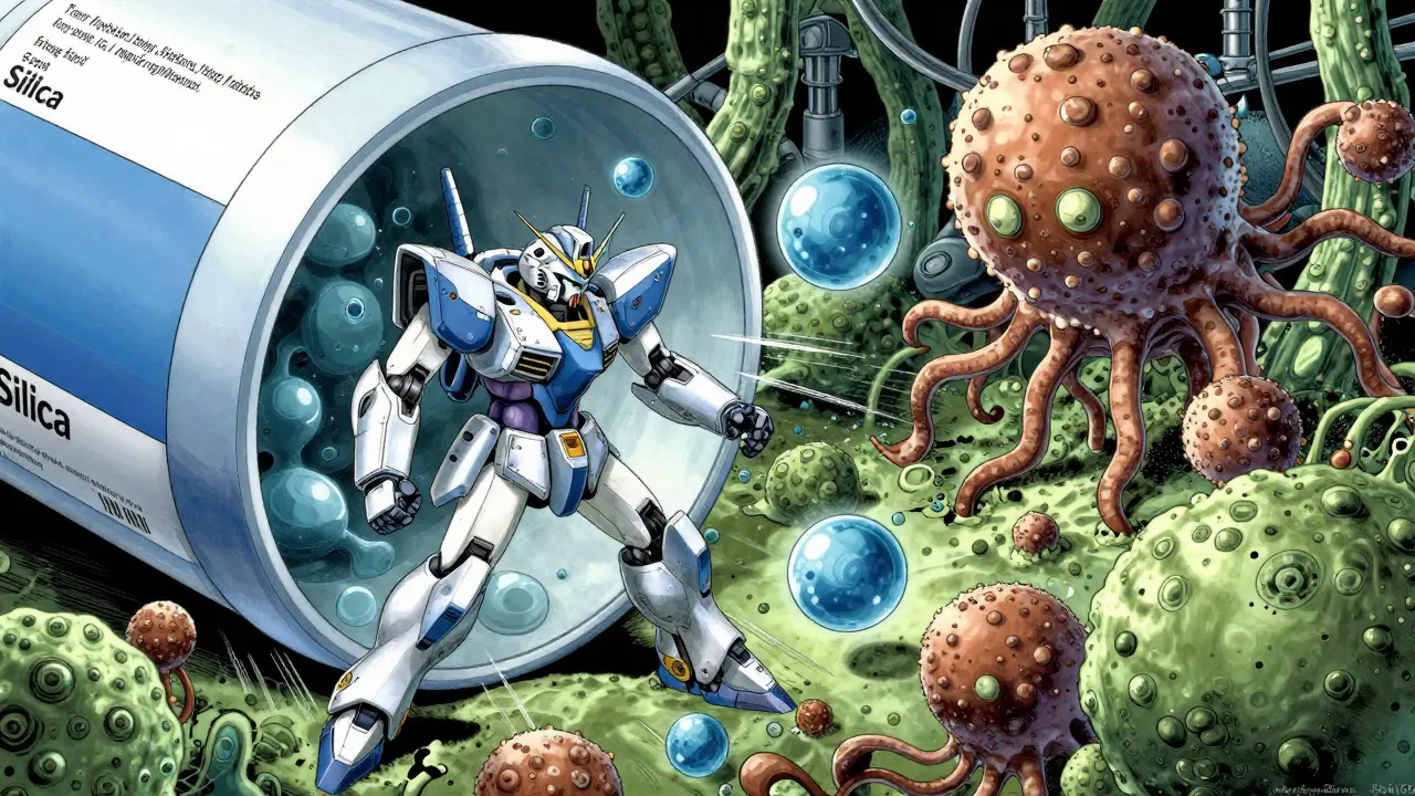 Mecha fighting moisture monsters inside a pill bottle