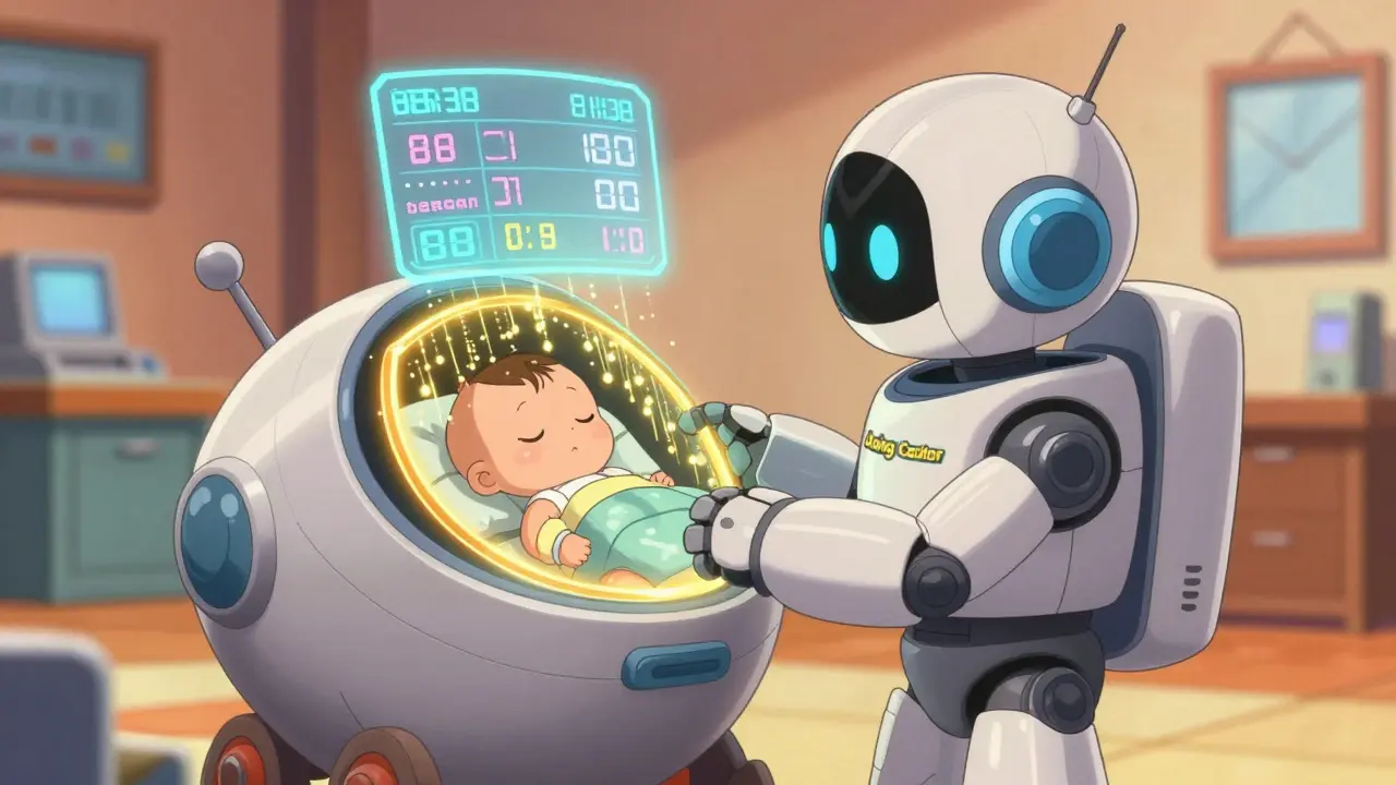 Parent piloting a calculator robot to safely dose an infant