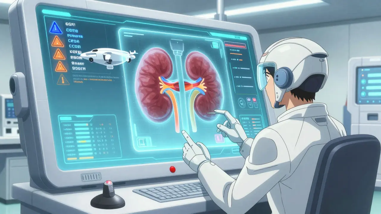 Robot drone scanning kidney hologram for dosage