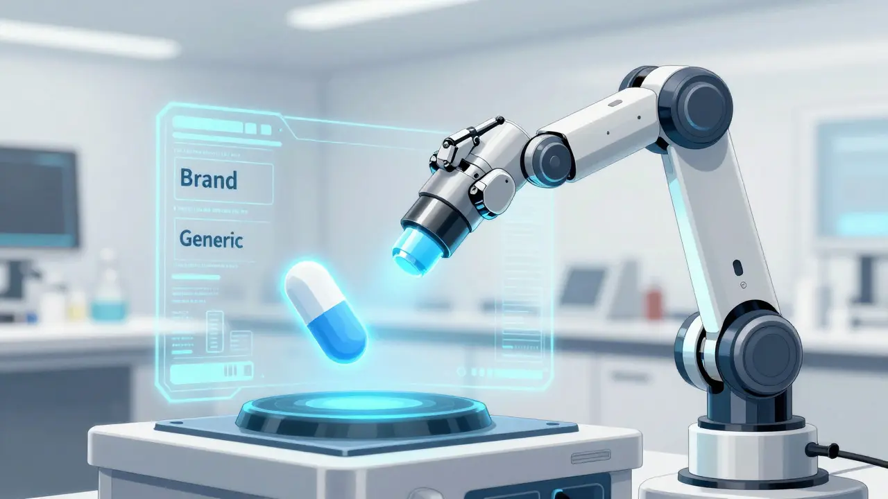 Robotic inspection verifying bioequivalence between brand and generic thyroid pills.