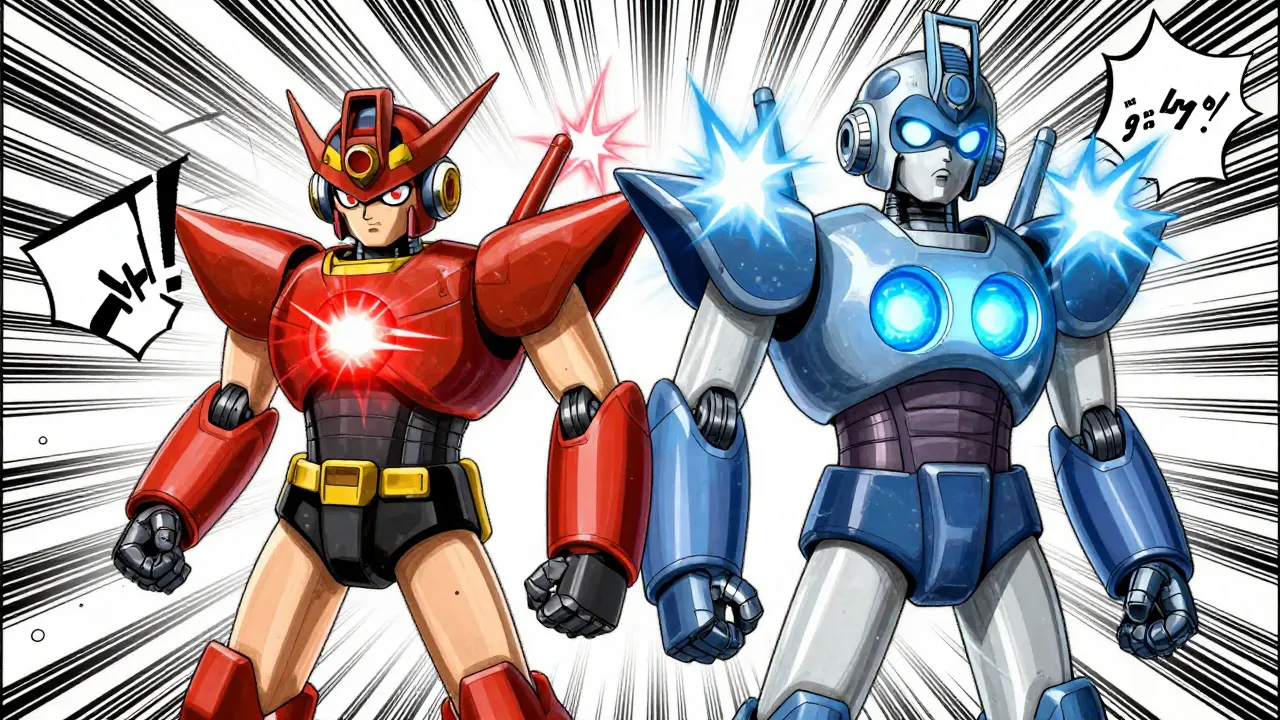 Two rival medication robots showing different concentration levels