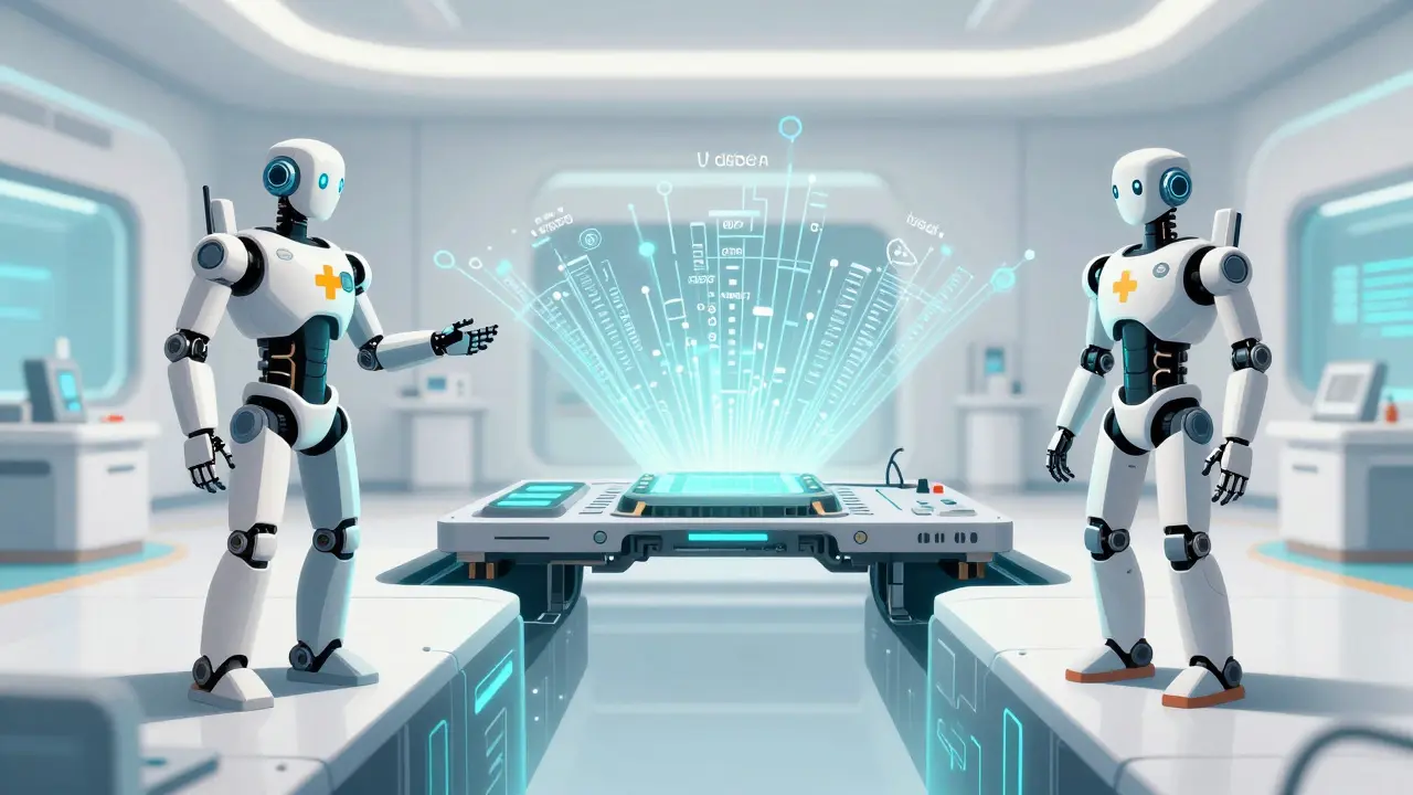 Two robots connected by a light bridge representing effective communication strategies in healthcare.