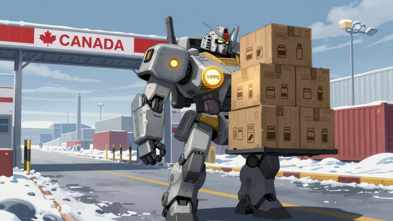 Armored mech delivering safe bulk meds with VIPPS accreditation seal