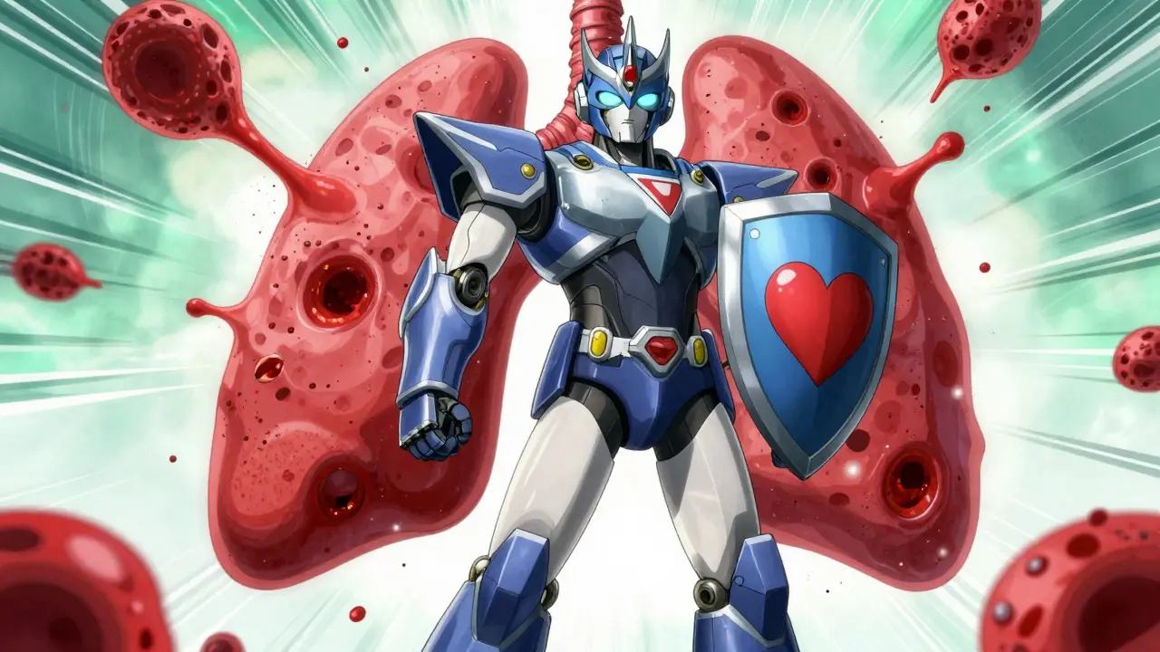 Armored medical hero dissolving blood clots in super robot anime art