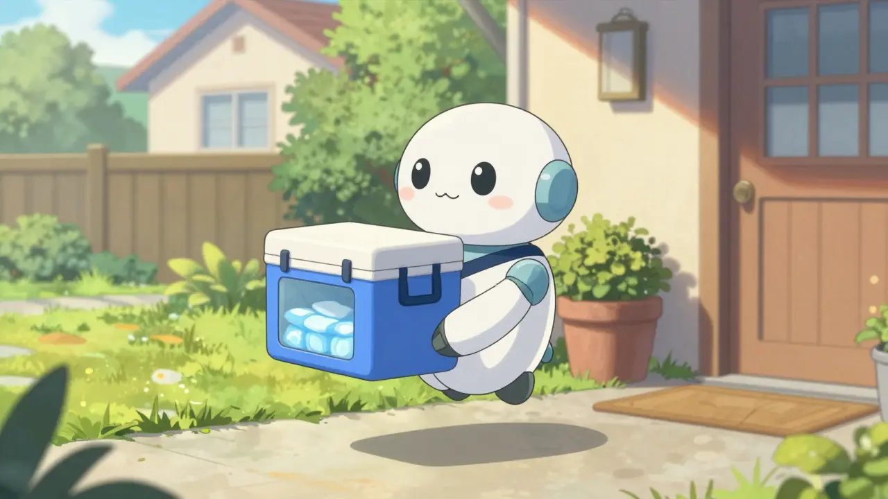 Delivery robot bringing insulated medication package to door