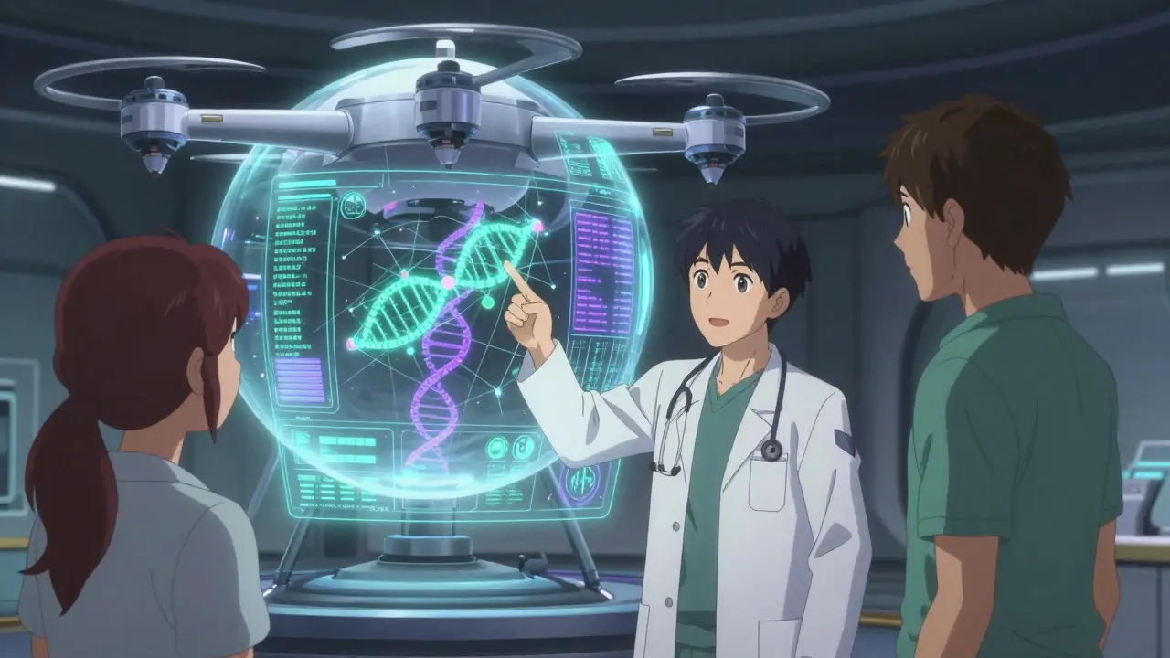 Doctor and patient viewing holographic genomic data