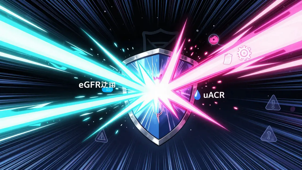 Energy beams representing eGFR and uACR tests clashing