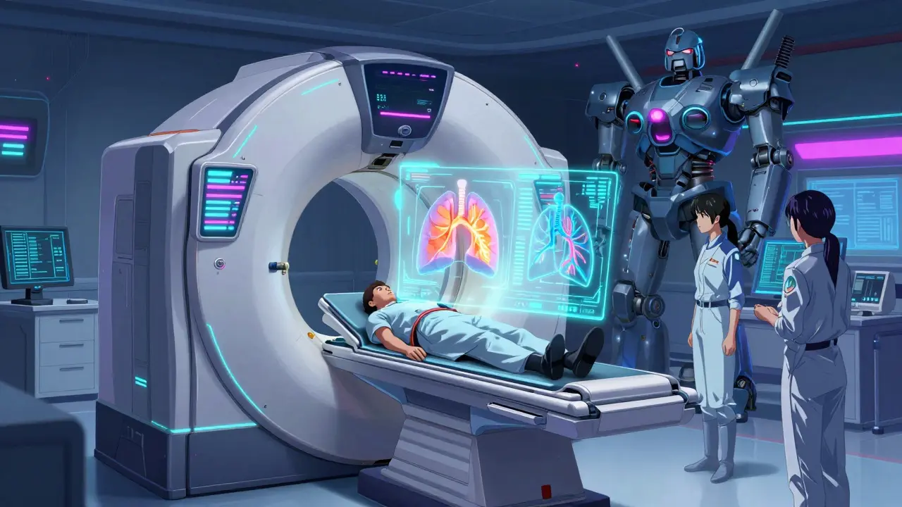 Futuristic robotic CT scanner diagnosing lung blockage in anime style