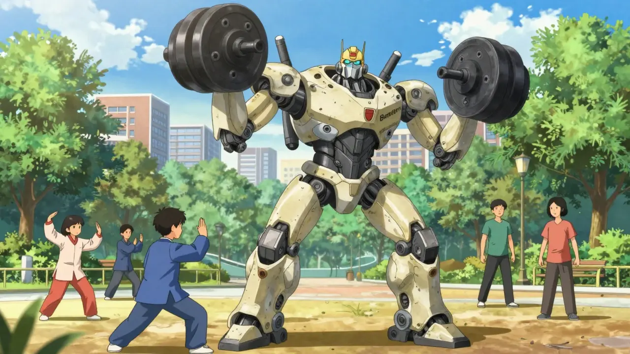 Giant robot exercising to strengthen bones in a sunny park