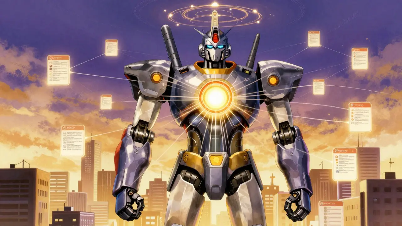 Giant robot guardian receiving data streams symbolizing drug safety reporting