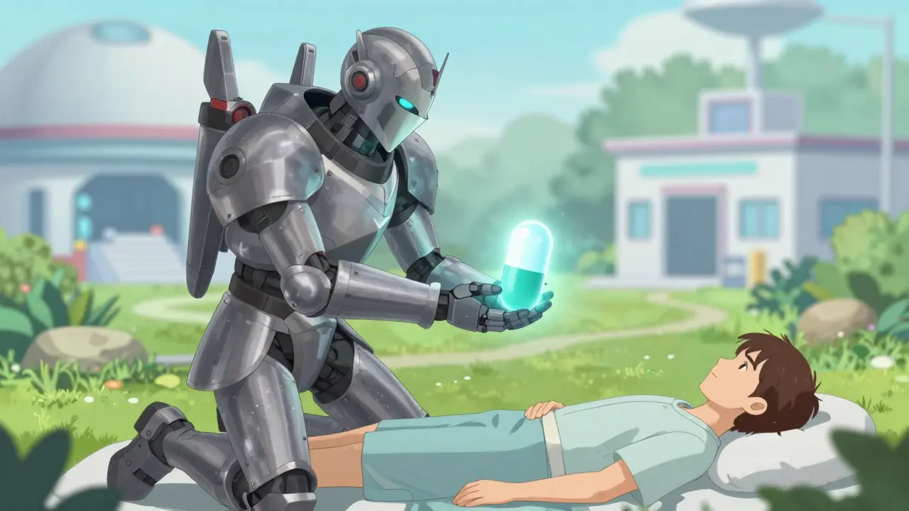 Heroic robot delivering medication safely to a patient